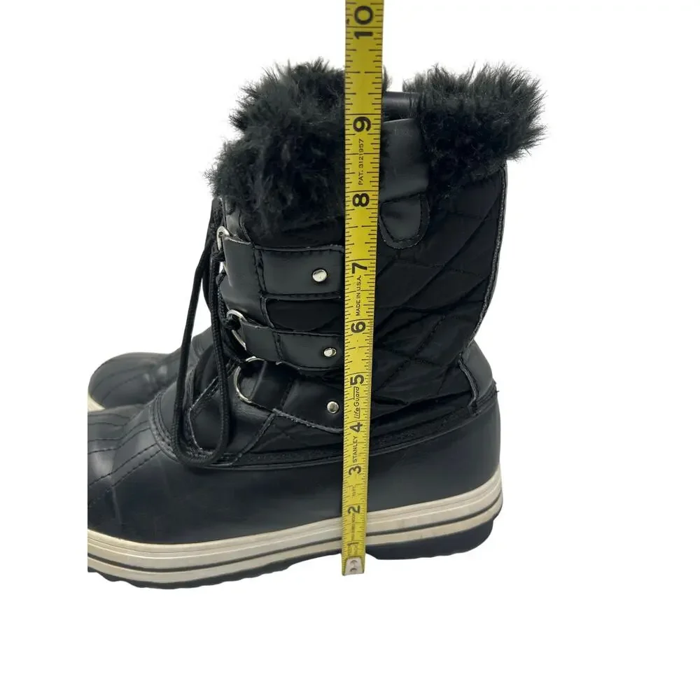 Women’s POLAR Black Faux Fur Trim Quilted Snow Winter Rain Waterproof Boots 11